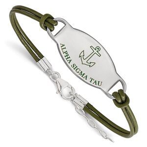 Sterling Silver Alpha Sigma Tau Enamel Olive Leather Bracelet - 7 in.